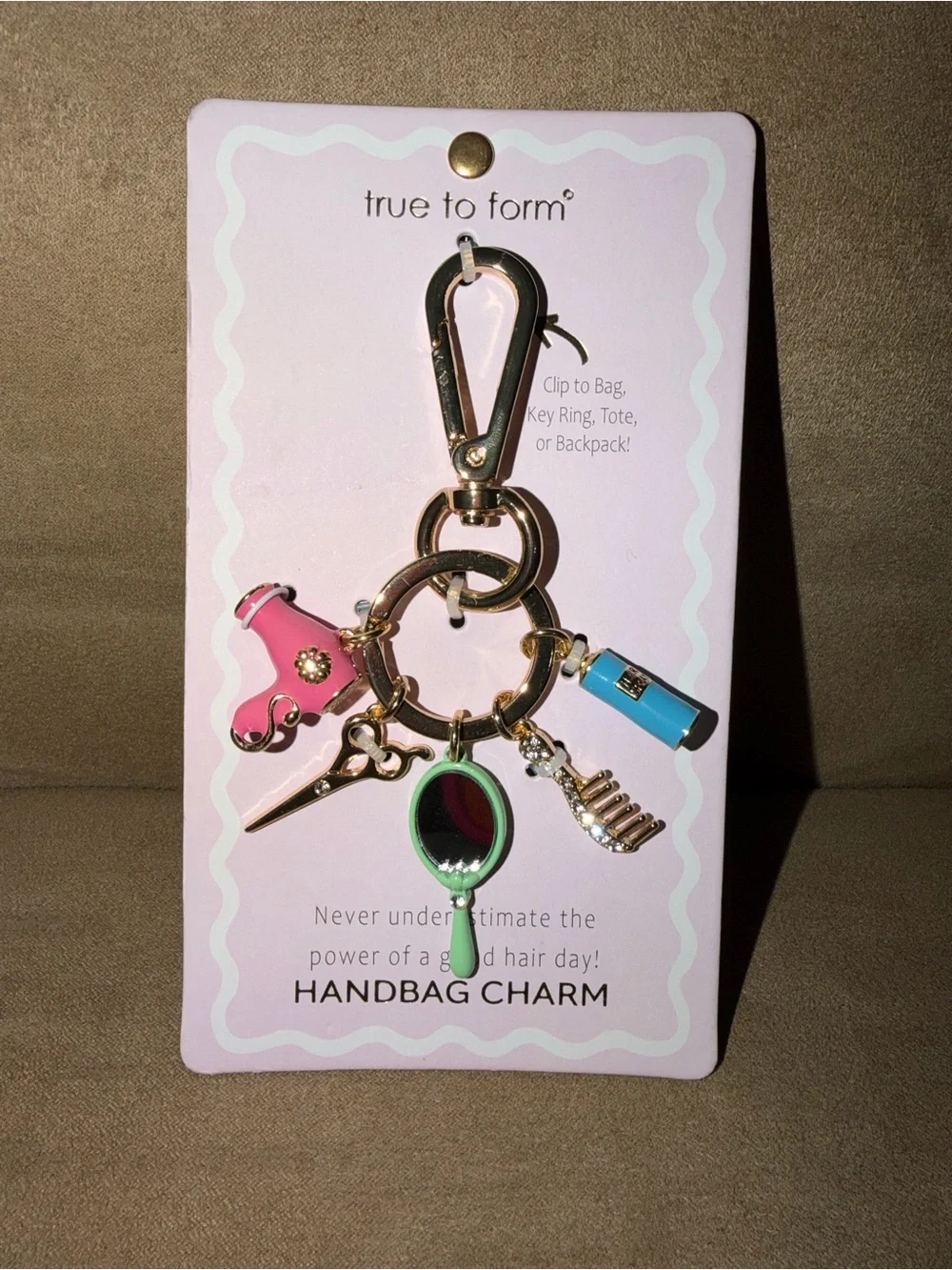 True to Form Pink & Mint Hair Tool Handbag Charm Keychain